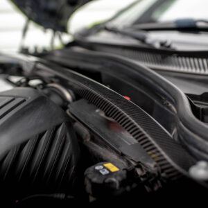 Under-hood view of a car engine bay with hoses and engine components visible in the foreground and background out of focus.