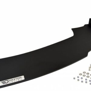 Black curved rear spoiler lip with a metal Maxton Design badge and a hardware kit (screws, washers) on a white background.