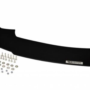 Black curved rear spoiler with a hardware kit (bolts, washers, spacers) laid out nearby; Maxton Design label visible on the spoiler edge.