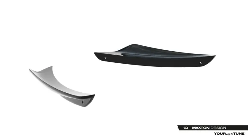 Abstract black curved automotive part against a white background with Maxton Design branding in the bottom-right corner.