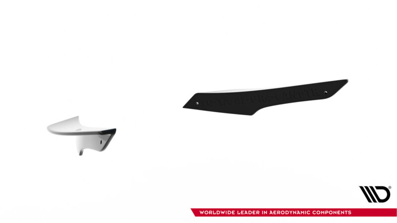 White mounting piece on the left and a long black curved winglet on a white background; bottom-right shows a logo and a red banner reading 'Worldwide Leader in Aerodynamic Components'