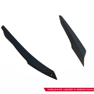 Two dark, curved aerodynamic blades positioned diagonally, with a red banner and the words 'Worldwide Leader in Aerodynamic Components' visible at the bottom-right.