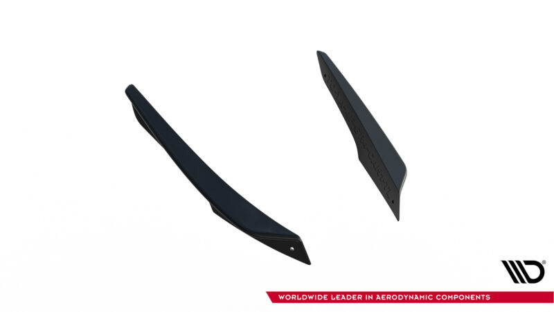 Two dark, curved aerodynamic blades positioned diagonally, with a red banner and the words 'Worldwide Leader in Aerodynamic Components' visible at the bottom-right.