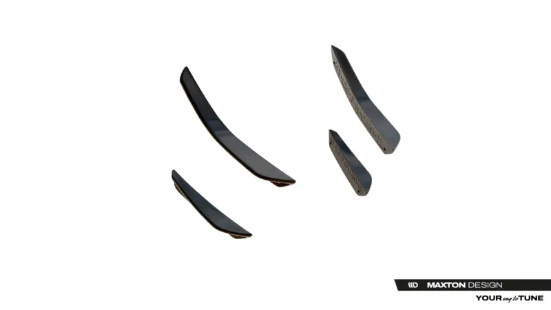 Set of curved black automotive body parts (aero fins) floating on a white background, with Maxton Design branding at the bottom right.