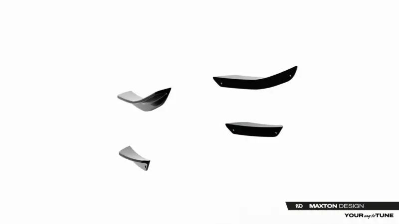 Floating automotive spoiler and aero parts in black and silver, displayed on a white background as a design showcase (Maxton Design).