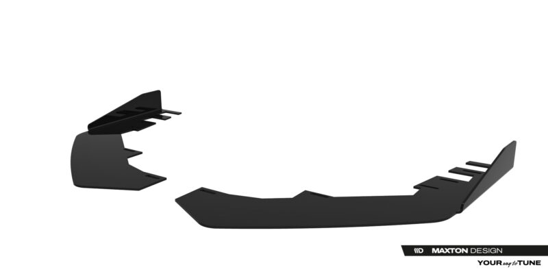 pol_po_Front-Flaps-Flaps-BMW-2-M-Pack-M235i-Gran-Coupe-F74-23839_1jpg - OPSHOLDERS Two black curved automotive aero parts with mounting slots, shown from an angle; Maxton Design branding visible on the right edge.