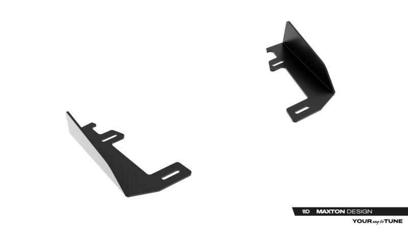 Three black metal mounting brackets with slotted holes laid out on a white background; branding shows Maxton Design at bottom right.