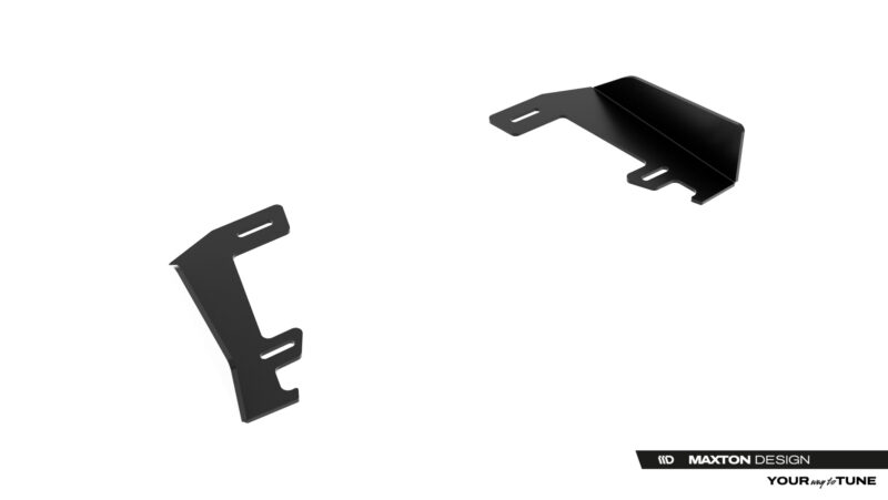 Two black metal mounting brackets with slotted holes, shown from different angles against a white background; Maxton Design branding visible in the corner.