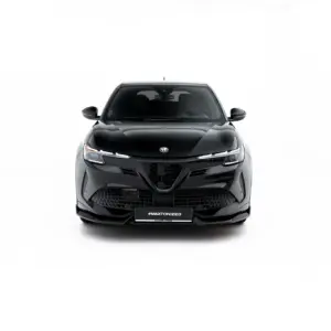Front view of a sleek black car against a white studio background, showing its grille, headlights, and curved hood with a visible #MAXTONIZED plate edgeless beneath.