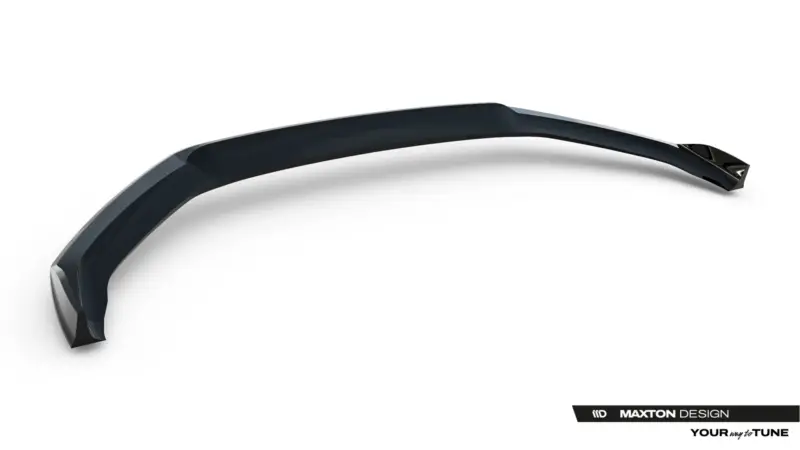 Close-up of a glossy curved black car spoiler with Maxton Design branding in the corner, on a white background.