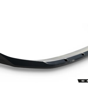 Glossy black curved car front lip spoiler shown on a white background with Maxton Design branding bottom right.