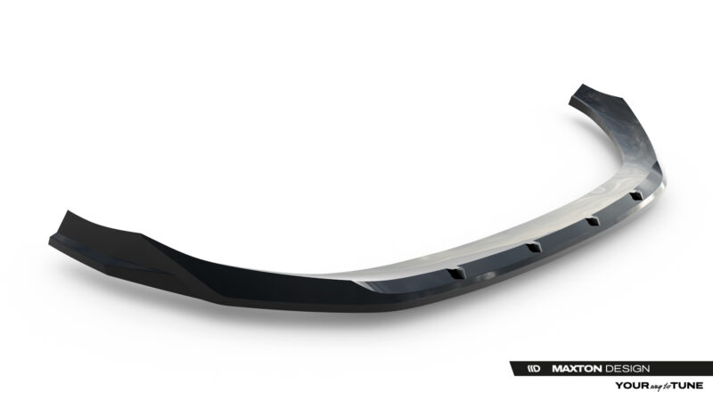 Glossy black curved car front lip spoiler shown on a white background with Maxton Design branding bottom right.