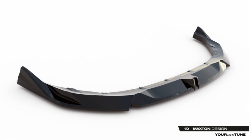 Curved, glossy black automotive aero part (lip/spoiler) on a white studio background with Maxton Design branding in the corner.