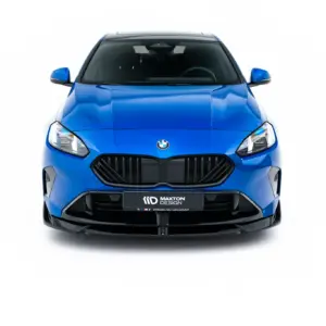Front view of a bright blue car with a black grille on a white studio background, BMW badge visible on the hood.