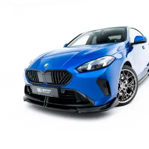 Front-right angled view of a blue BMW sports car with a distinctive kidney grille on a white studio background, showing sleek lines and large alloy wheels.