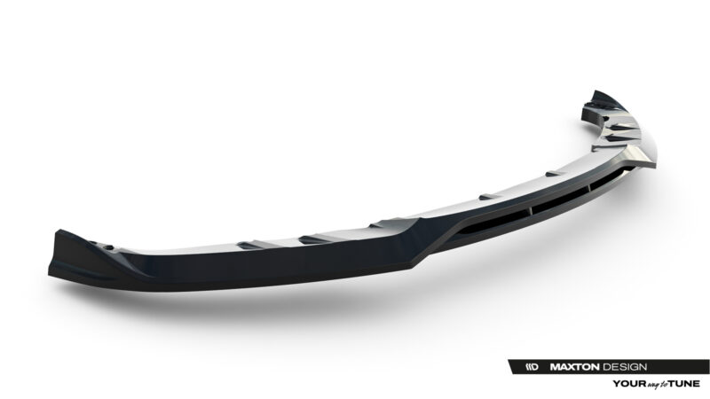 pol_po_Front-Splitter-BMW-3-Sportline-Sedan-Touring-F30-F31-23858_2jpg - OPSHOLDERS Curved black chrome car bumper lip on a white background with a Maxton Design watermark in the corner.