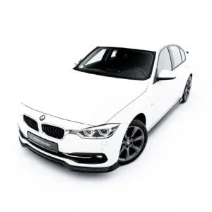 White BMW sedan shown from a high front-left angle against a white studio background.