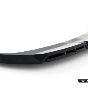 Curved black rear spoiler with a white chrome stripe, shown from side, Maxton Design branding visible bottom right corner.