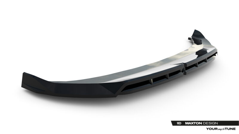 Curved black rear spoiler with a white chrome stripe, shown from side, Maxton Design branding visible bottom right corner.