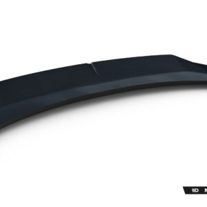 Glossy black curved car spoiler sitting on a white studio background, angled to show its aerodynamic shape.