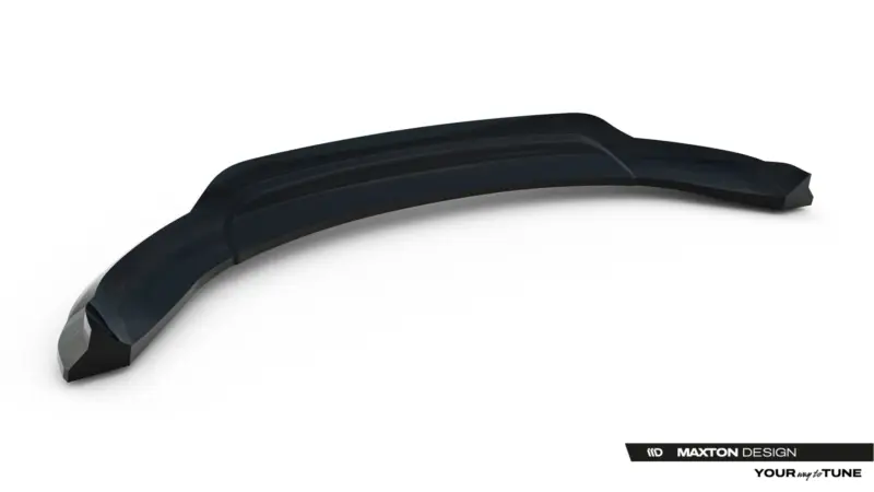 Dark curved automotive spoiler against a white background, glossy black finish with Maxton Design branding visible at the bottom right.