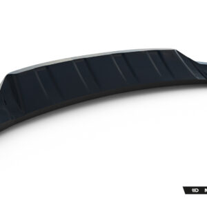 Curved black rear car spoiler with aerodynamic ridges, shown in a studio on a white background, side view