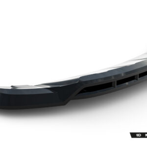 Close-up of a glossy black aftermarket car bumper lip/spoiler with chrome accents, curved and aerodynamic.