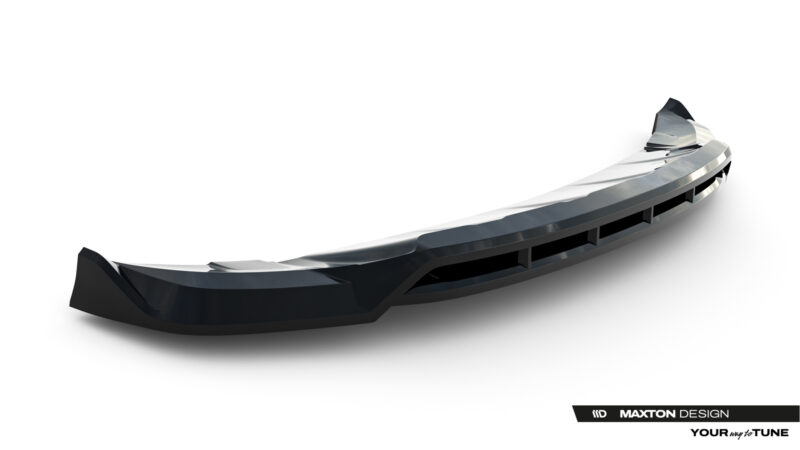 pol_po_Front-Splitter-Land-Rover-Range-Rover-Sport-Mk2-Facelift-23831_7jpg - OPSHOLDERS Close-up of a glossy black aftermarket car bumper lip/spoiler with chrome accents, curved and aerodynamic.