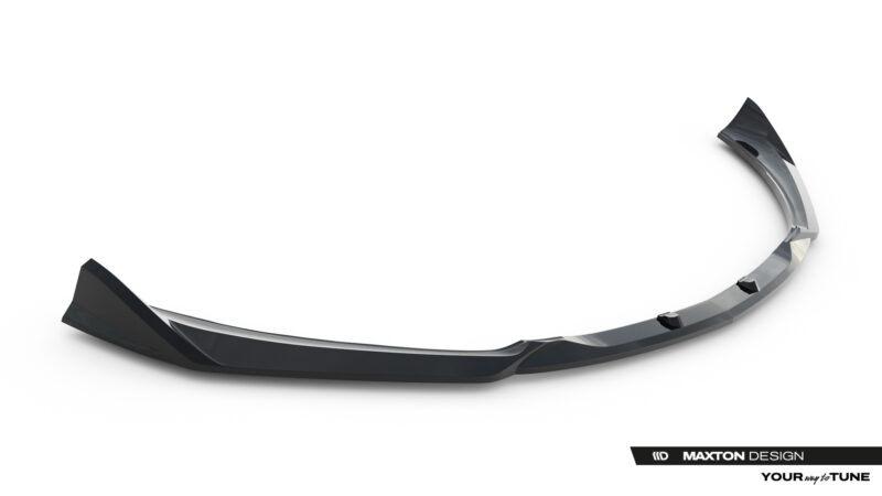pol_po_Front-Splitter-Mercedes-AMG-GT-R-C190-Facelift-23888_3jpg - OPSHOLDERS Glossy curved automotive aero part in black with chrome edges, displayed on a white studio background (Maxton Design watermark).