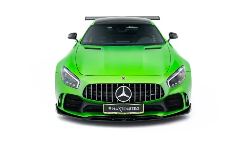 pol_po_Front-Splitter-Mercedes-AMG-GT-R-C190-Facelift-23888_5webp - OPSHOLDERS Front view of a bright green Mercedes sports car with a bold grille and large emblem on the grille cap, '#MAXTONIZED' visible on the license plate area