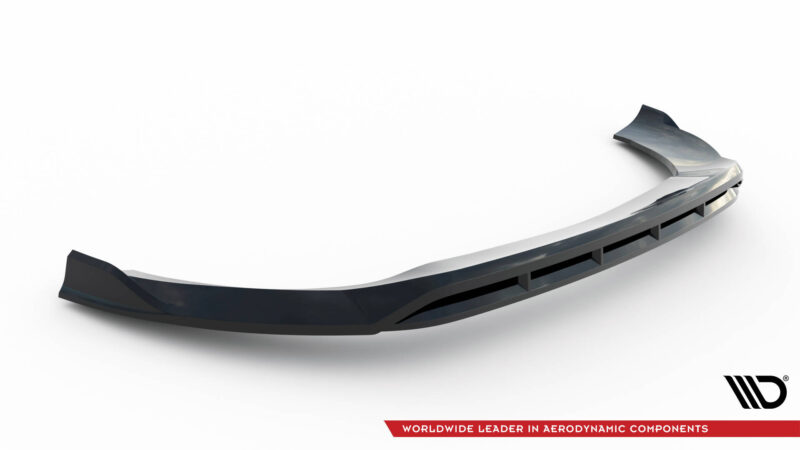Curved, dark aerodynamic car component with internal ribs, displayed against a white background; brand logo in the bottom right corner.