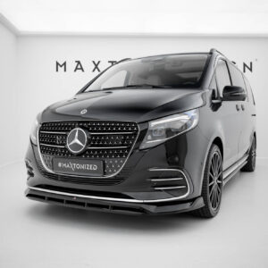 Front-left view of a glossy black Mercedes-Benz van in a bright white studio, with a '#MAXTONIZED' plate visible on the grille area behind the vehicle
