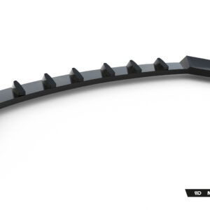 Curved black car aero piece with evenly spaced vertical fins along its length, shown in 3D render.