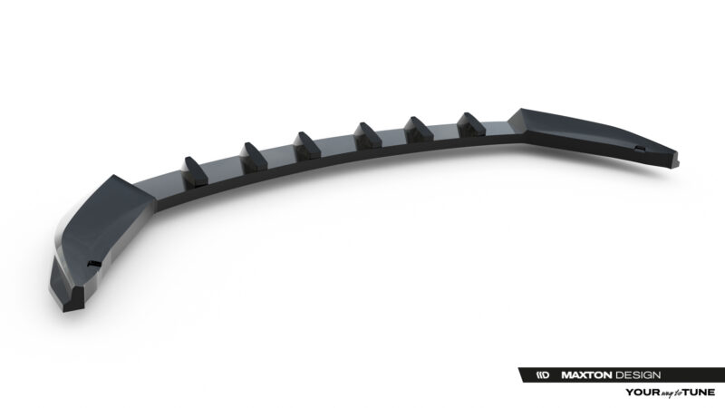 Curved black car aero piece with evenly spaced vertical fins along its length, shown in 3D render.
