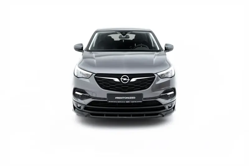 Front-facing view of a silver Opel SUV with a black grille and emblem, and a license plate reading #MAXTONIZED against a white background.