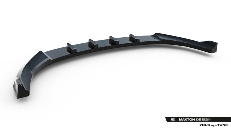Curved black automotive aero part with five small fins mounted along its top edge, shown against a white background.