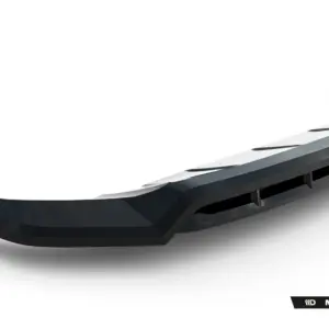 Close-up of a black car front lip spoiler with vents, featuring Maxton Design branding in the bottom corner