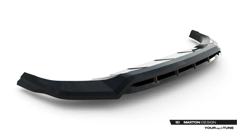 Close-up of a black car front lip spoiler with vents, featuring Maxton Design branding in the bottom corner