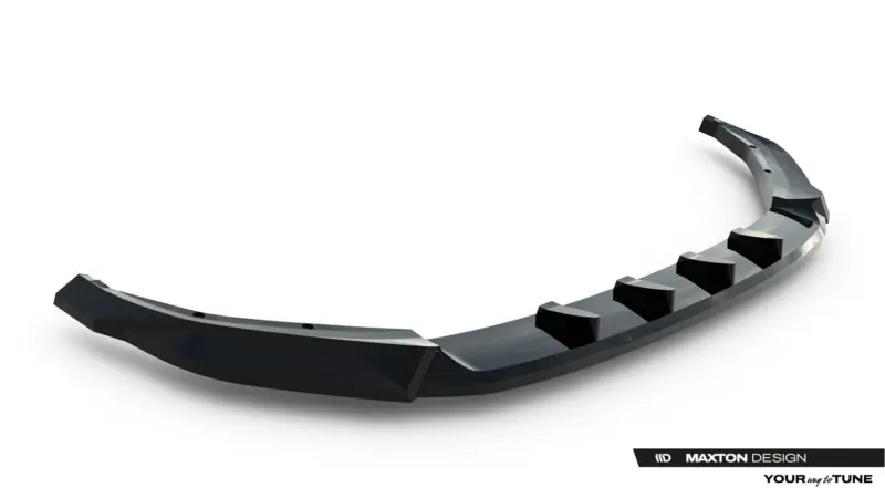 pol_po_Front-Splitter-Skoda-Kodiaq-RS-Mk2-23911_7webp - OPSHOLDERS Curved black metallic strip with evenly spaced rectangular teeth against a white background, featuring MAXTON DESIGN branding bottom-right.