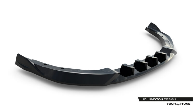 Curved black glossy automotive body part with notched edges, shown with Maxton Design branding at the bottom right.