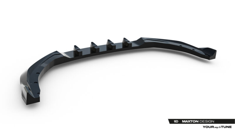 Black curved automotive trim piece with multiple mounting pegs along the inner edge; brand watermark visible (Maxton Design).