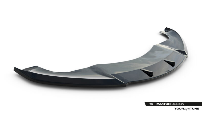 Chrome automotive spoiler with a glossy curved surface, shown against a white background, logo reading 'MAXTON DESIGN' bottom right.