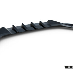 Rendered 3D model of a long, curved black car spoiler with evenly spaced fins along the top edge viewed from the side edge-on.
