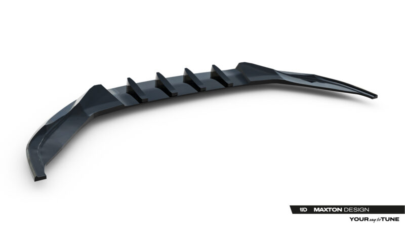 pol_po_Front-Splitter-V-1-Volkswagen-Jetta-GLI-Mk7-Facelift-2-23929_3jpg - OPSHOLDERS Rendered 3D model of a long, curved black car spoiler with evenly spaced fins along the top edge viewed from the side edge-on.