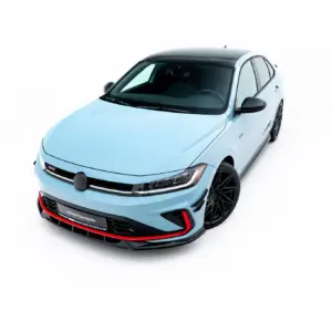 Light blue sporty hatchback photographed from the front-left, featuring a black roof and dark wheels on a white background.
