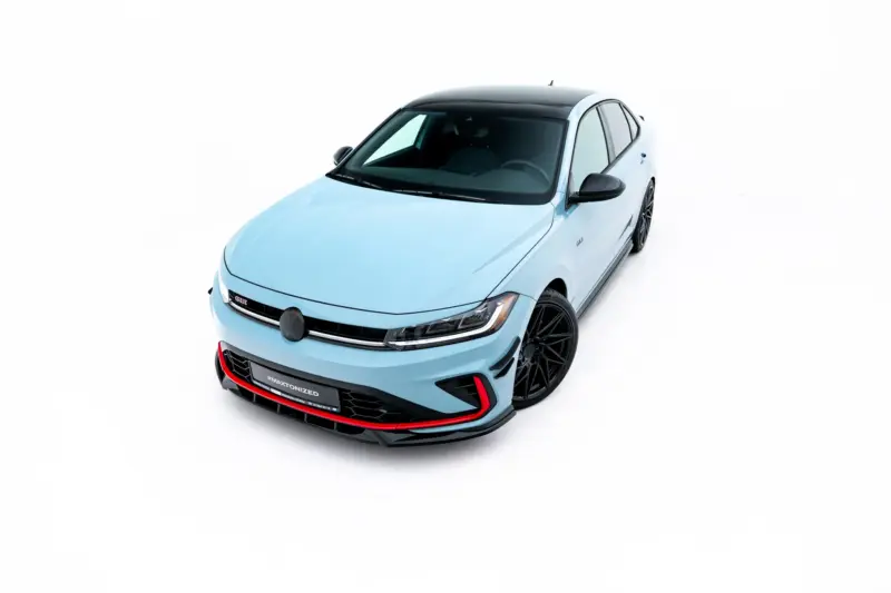 pol_po_Front-Splitter-V-1-Volkswagen-Jetta-GLI-Mk7-Facelift-2-23929_5webp - OPSHOLDERS Light blue sporty hatchback photographed from the front-left, featuring a black roof and dark wheels on a white background.
