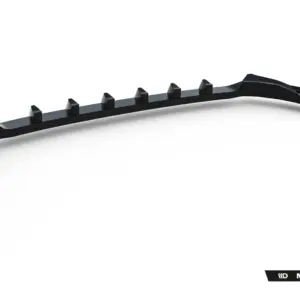 Long black curved automotive aero part with multiple mounting tabs along the top edge, laid on a white backdrop (Maxton Design).