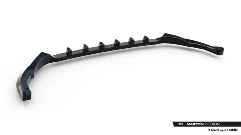 pol_po_Front-Splitter-V-1-Volkswagen-Transporter-T7-23937_1webp - OPSHOLDERS Long black curved automotive aero part with multiple mounting tabs along the top edge, laid on a white backdrop (Maxton Design).