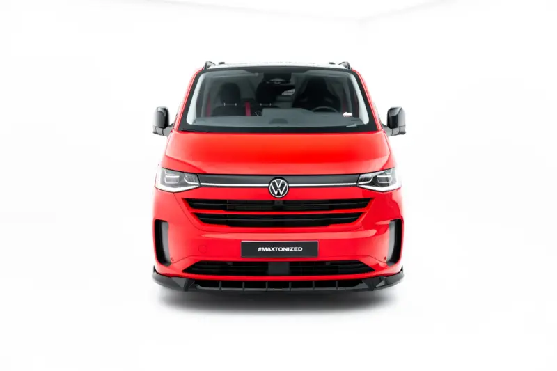 pol_po_Front-Splitter-V-1-Volkswagen-Transporter-T7-23937_2webp - OPSHOLDERS Front view of a red Volkswagen van with a black grille and VW badge, license plate shows #MAXTONIZED, white background.