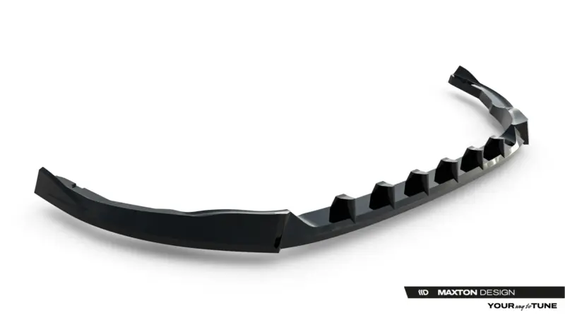 pol_po_Front-Splitter-V-1-Volkswagen-Transporter-T7-23937_4webp - OPSHOLDERS Curved glossy black car component with a serrated inner edge on a white background (Maxton Design branding).
